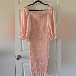 Gorgeous Pink Peached Smocked Shirred Fitted Midi Dress, EC, Size 10